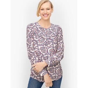 Talbots Pintuck Blouse Womens Size‎ 1X White Paisley Yoke Long Sleeves Casual